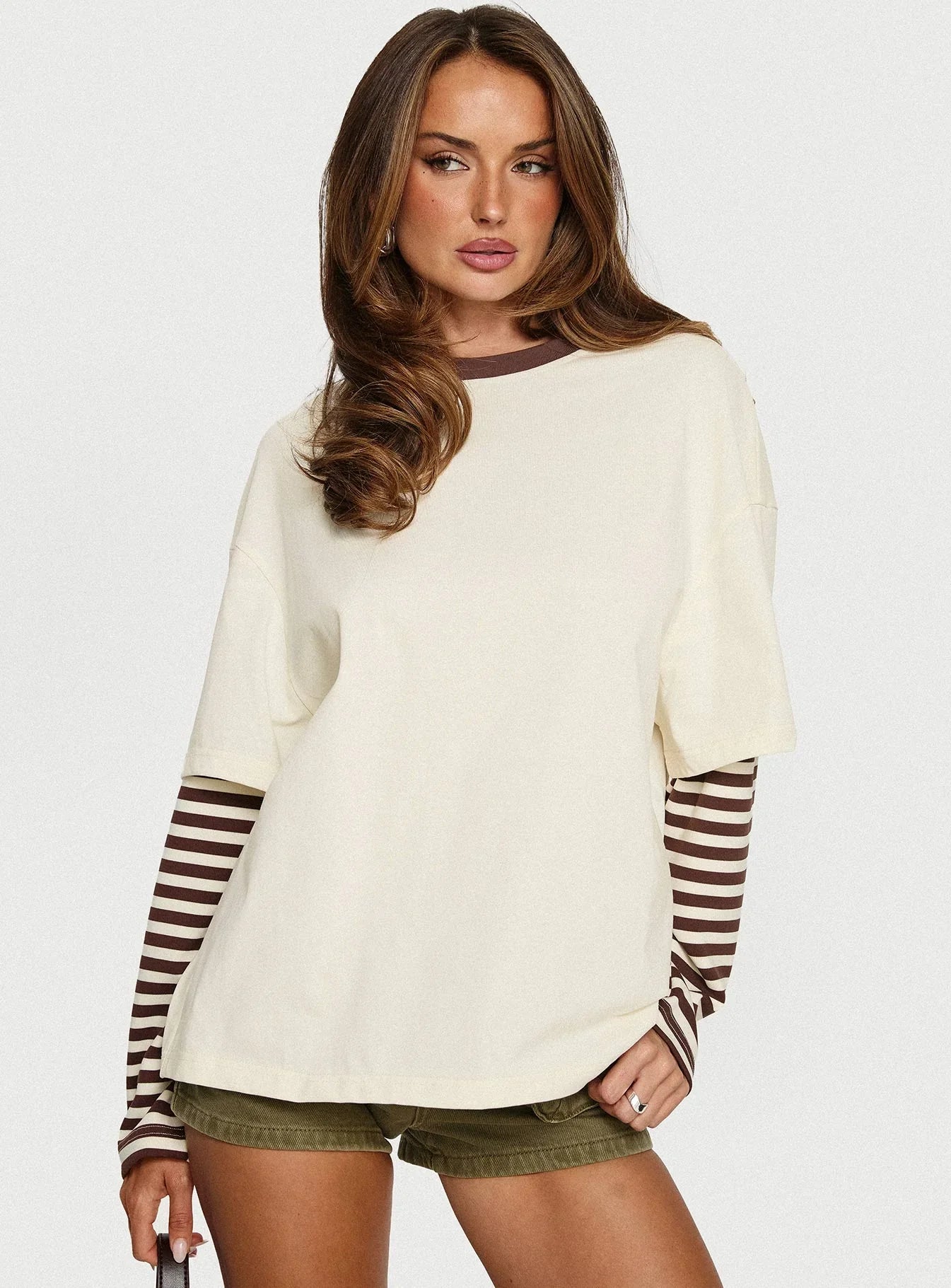 Ryann Long Sleeve Layered Top Cream Brown Stripe