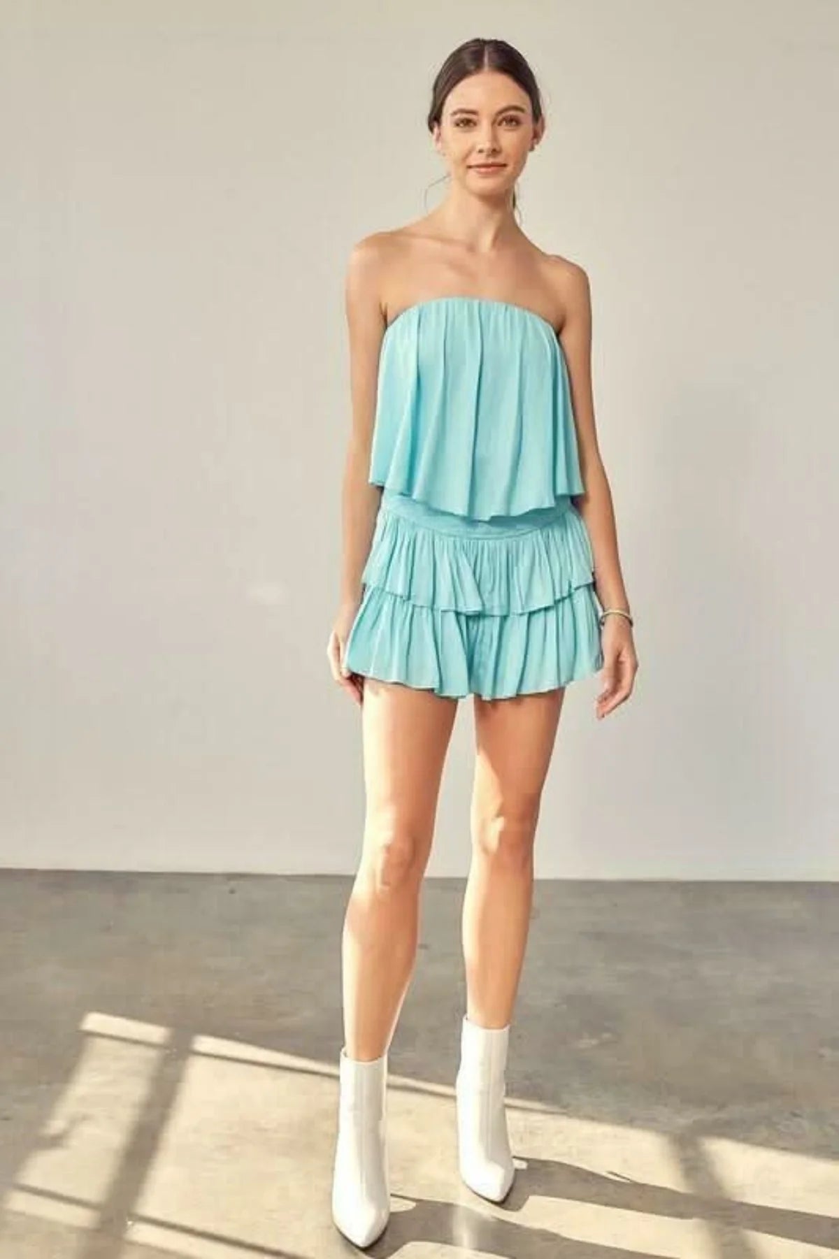 Monaco Milky Blue Strapless Ruffle Romper