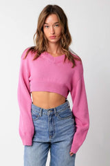 Mandie Pink V Neck Sweater Crop
