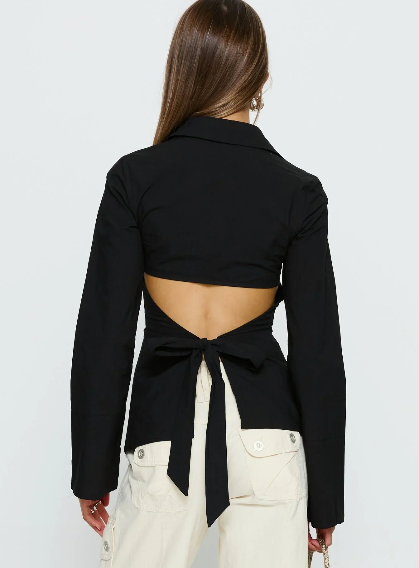 Lesper Long Sleeve Tie Back Top Black
