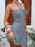 Knoxi Halter Jersey Mini Dress Blue Brown Stripe