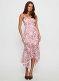 Coralis Strapless Asymmetrical Midi Dress Pink Paisley