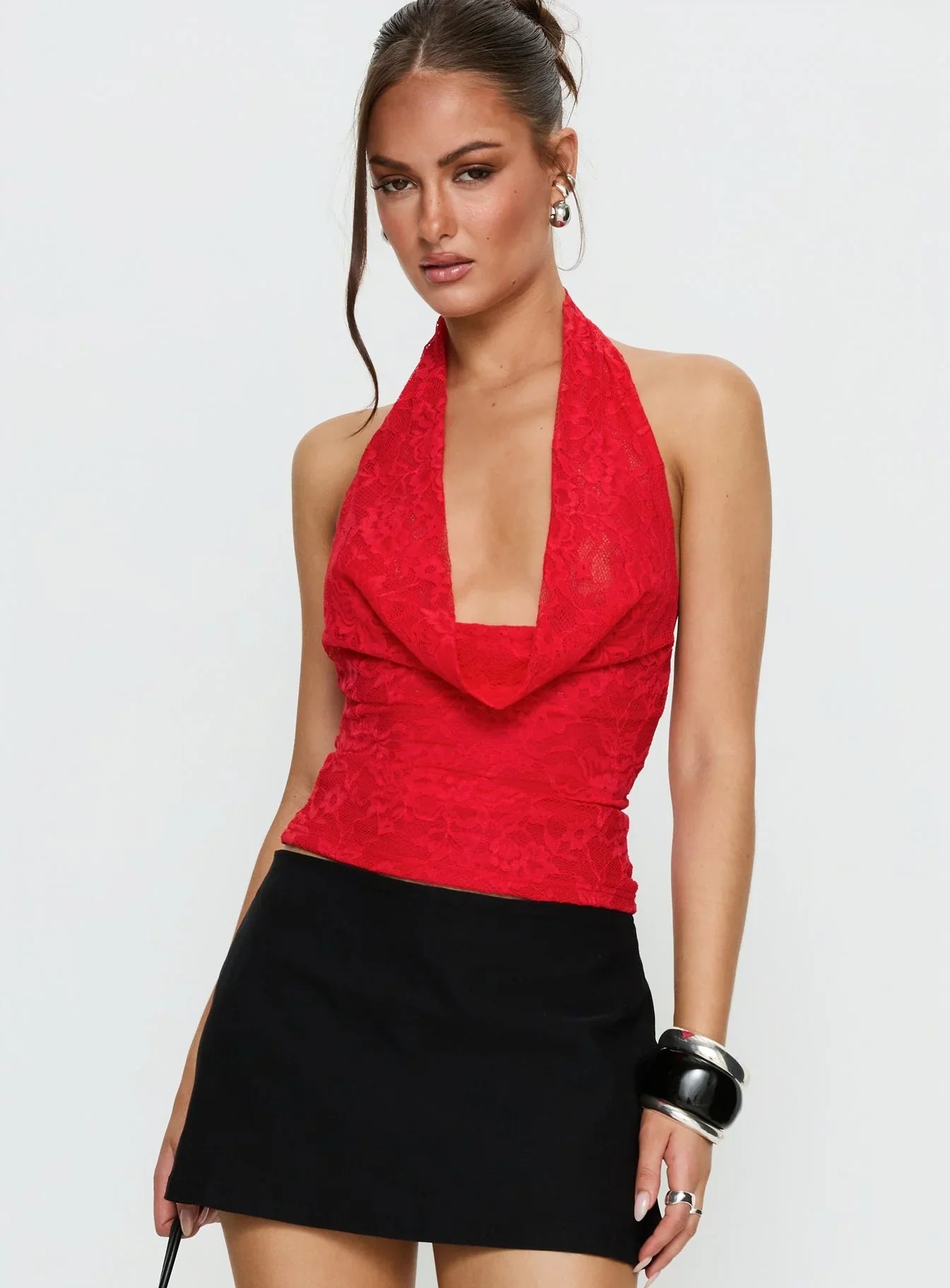Kamira Plunge Neck Halter Top Red