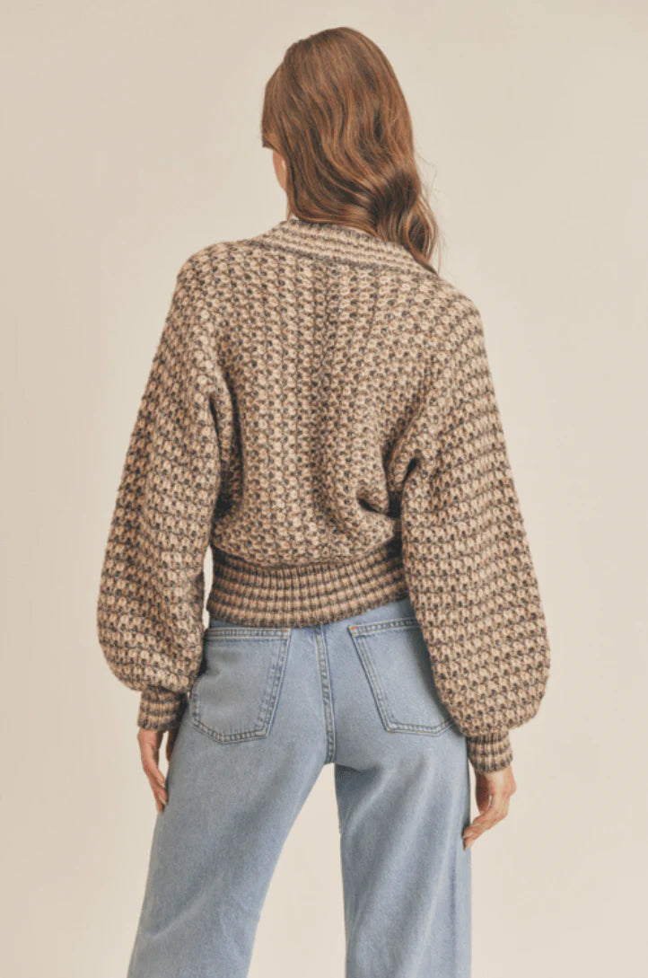 Dimitra Taupe Multi Knit Puff Sleeve Cardigan