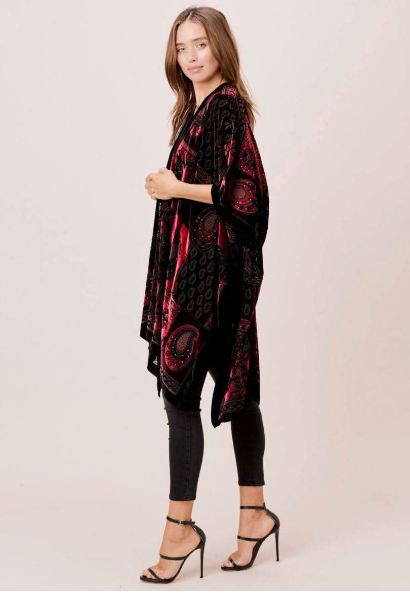Natalia Burgundy Paisley Burnout Velvet Kimono