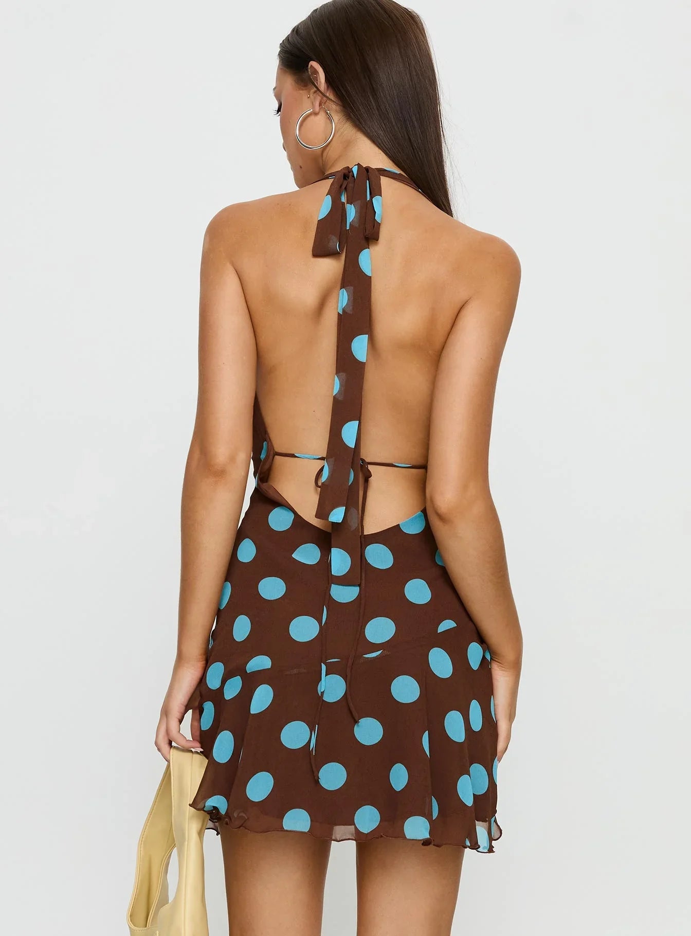Karolie Halter Plunge Mini Dress Brown Blue Polka Dot