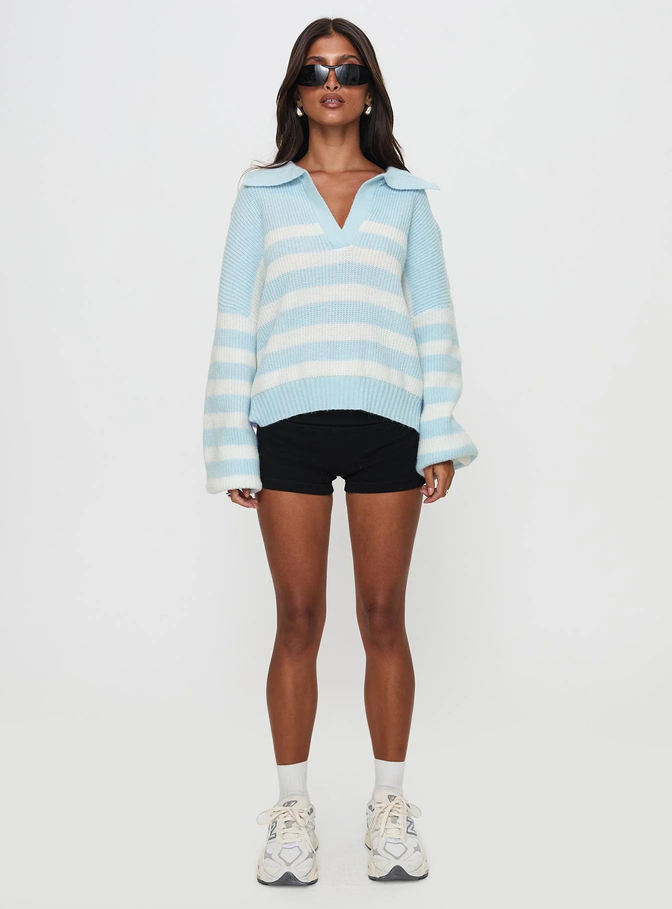 Carolena Long Sleeve Collared Knit Sweater Blue White Stripe
