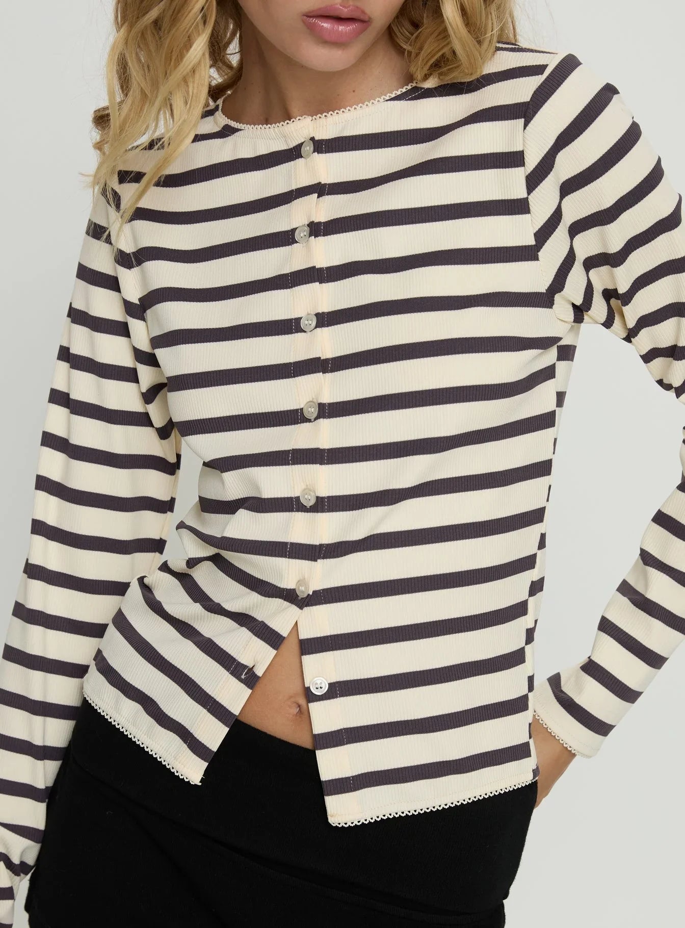 Marvella Button Up Long sleeve Top Dark Grey Cream Stripe