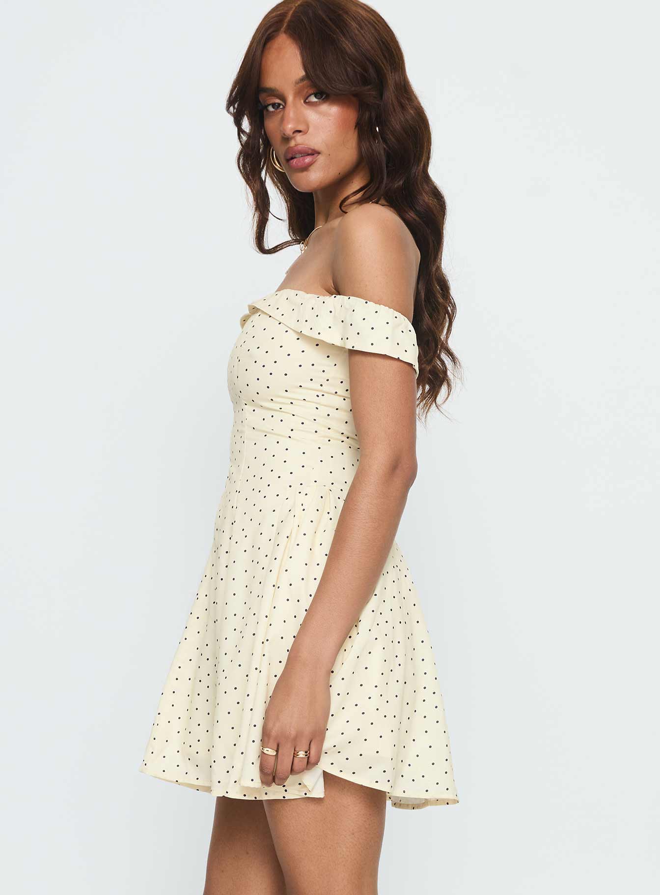 Rosebud Off The Shoulder Mini Dress Yellow Polka Dot