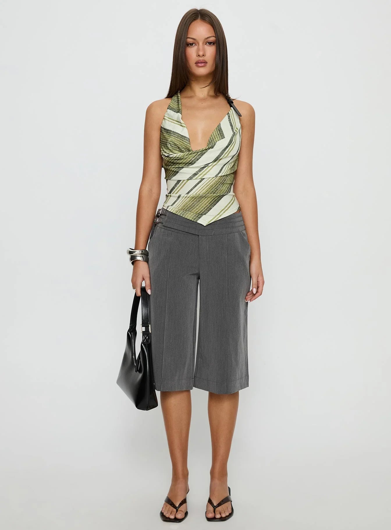 Syrenah Halter Cowl Neck Top Green Stripe