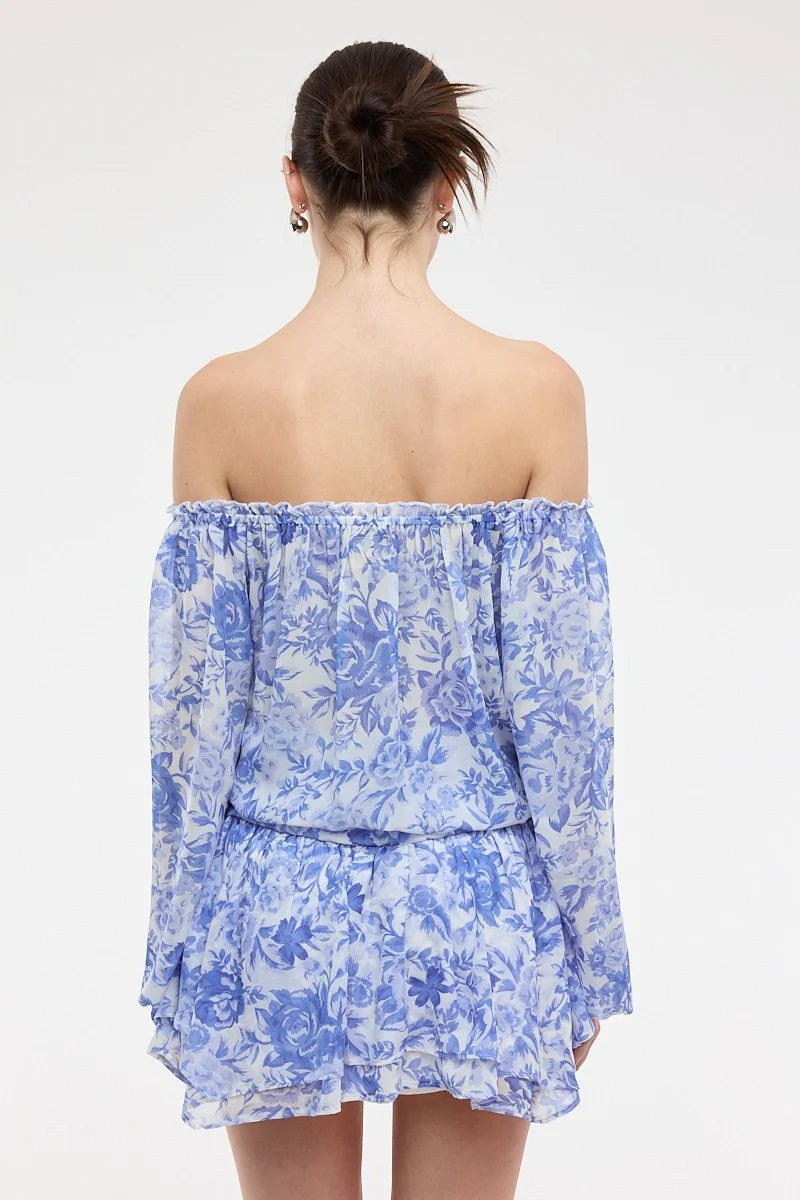 Pixie Blue Floral Off The Shoulder Romper Dress