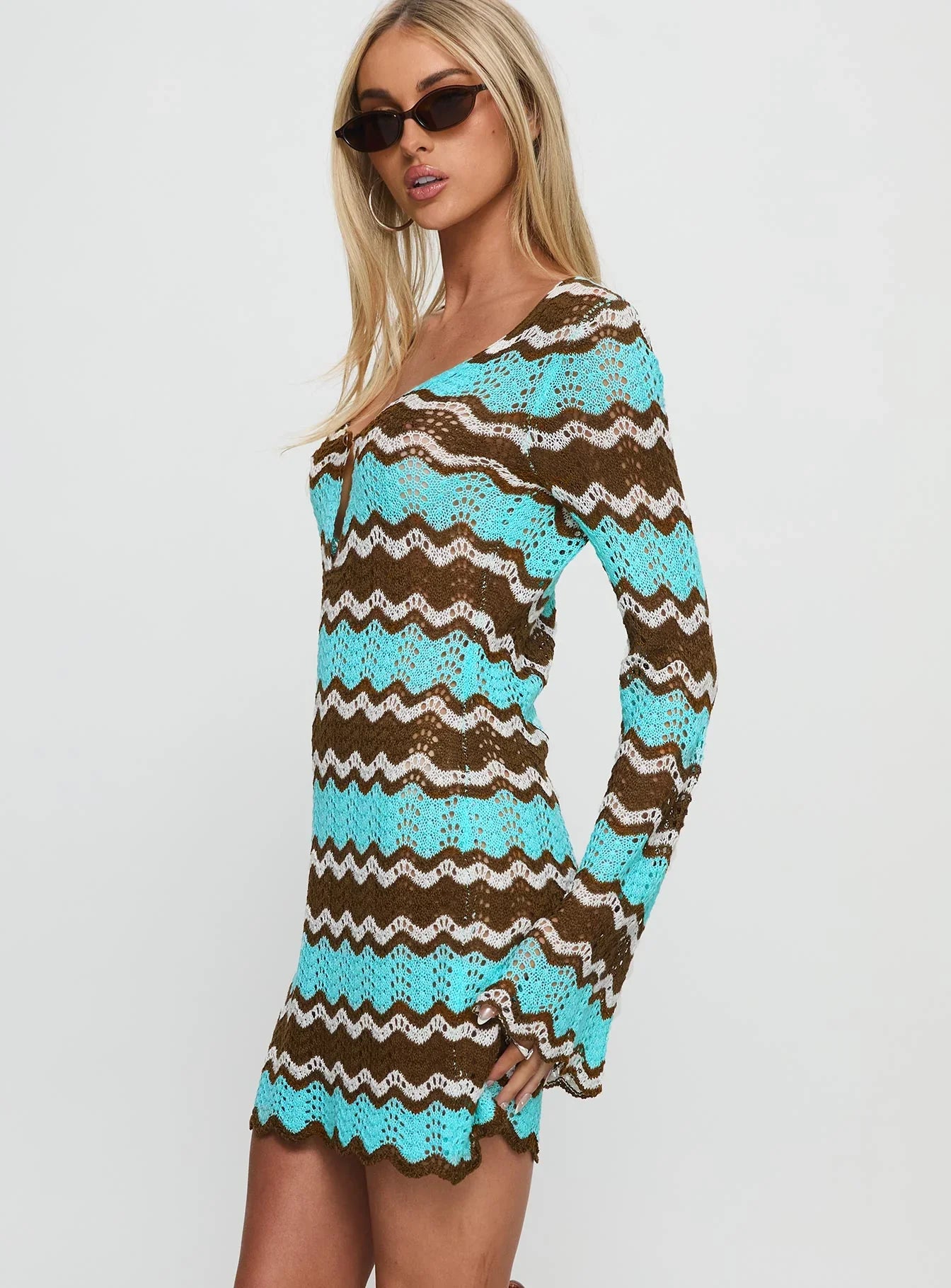 Suka Long Sleeve Knit Mini Dress Brown Blue