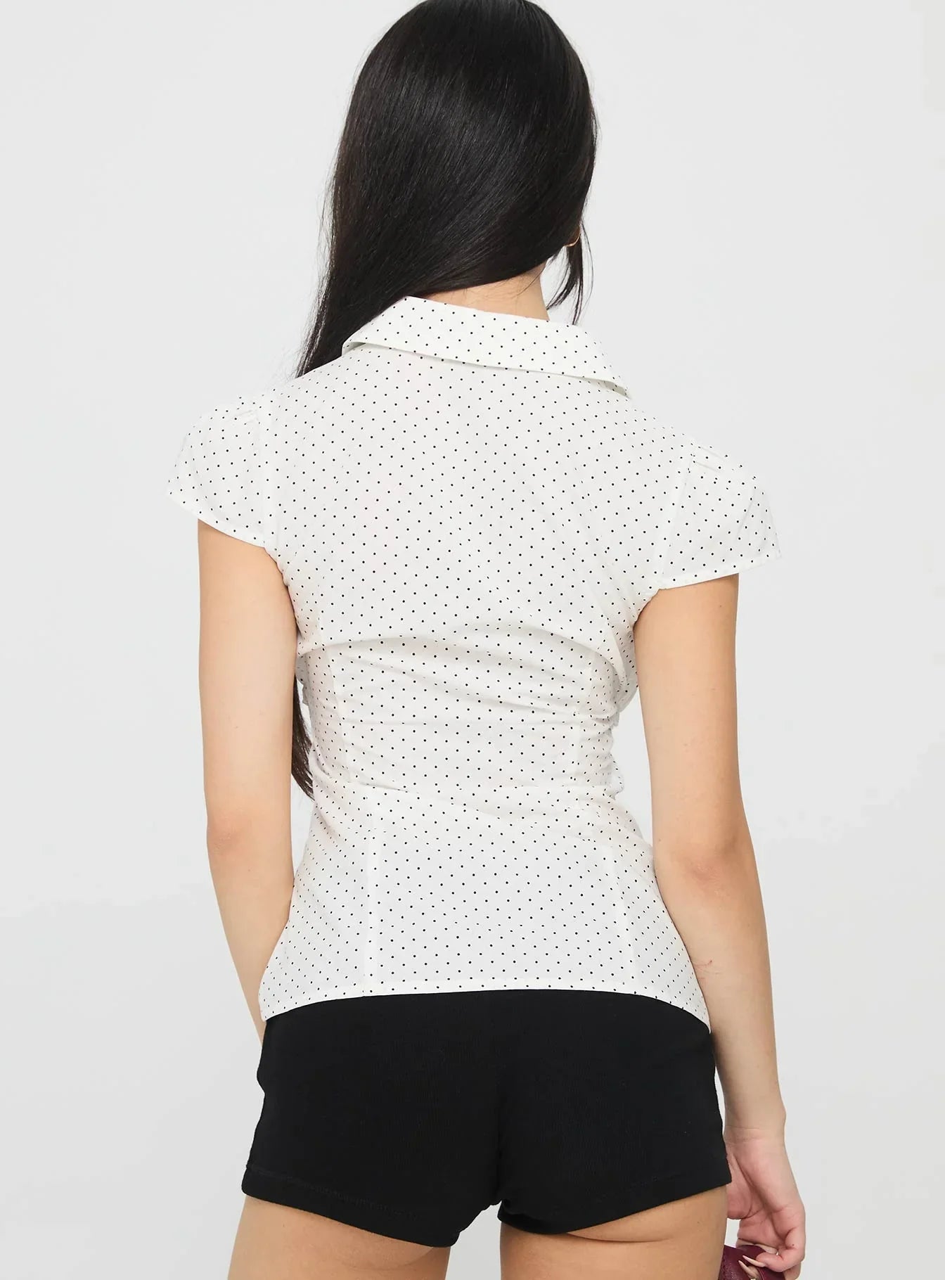 Lyzbeth Ruched Button Up Top White Polka