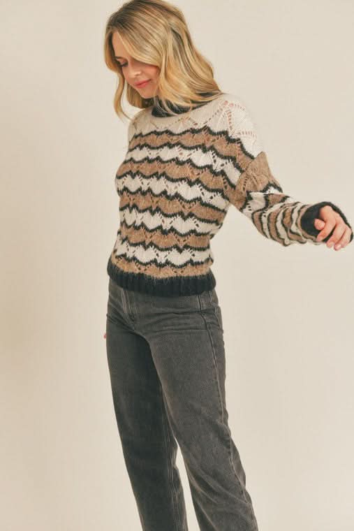 LUSH Allie Cream and Black Striped Pointelle Sweater