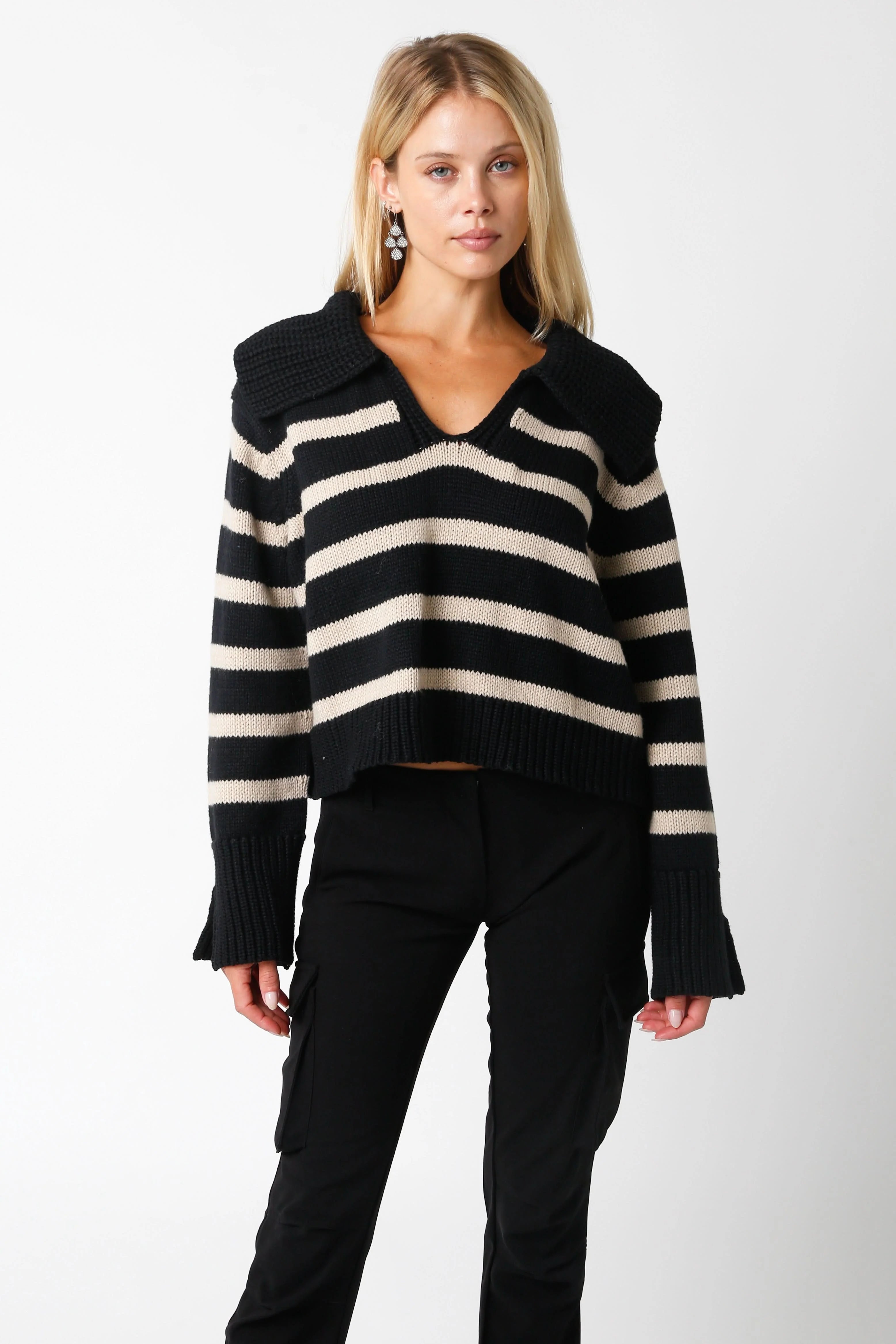 Addison Black and Khaki Striped Collared Sweater