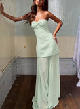 Flashy Sheer Chiffon Strapless Maxi Dress Green