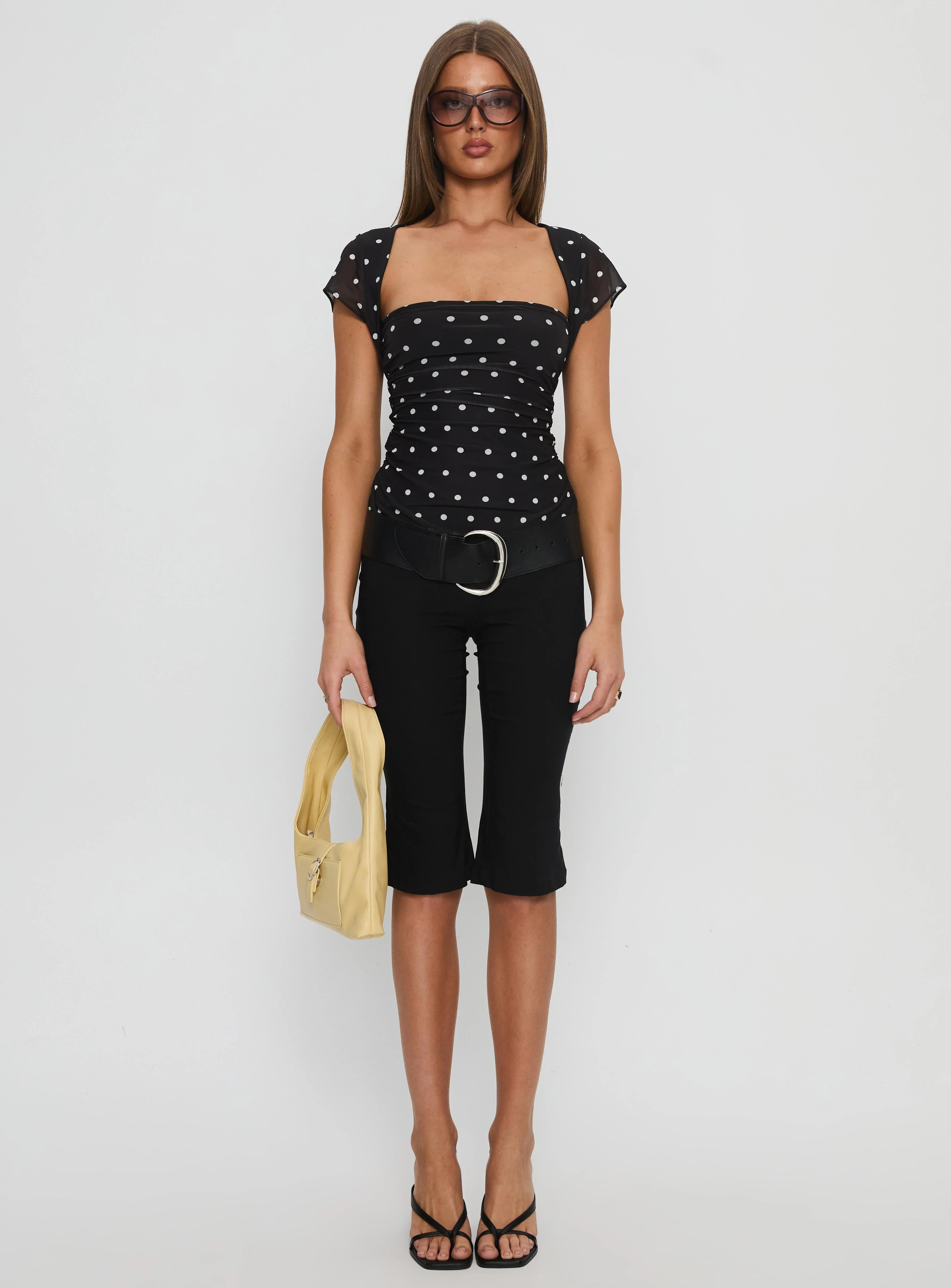 Attraction Cap Sleeve Mesh Top Black Polka