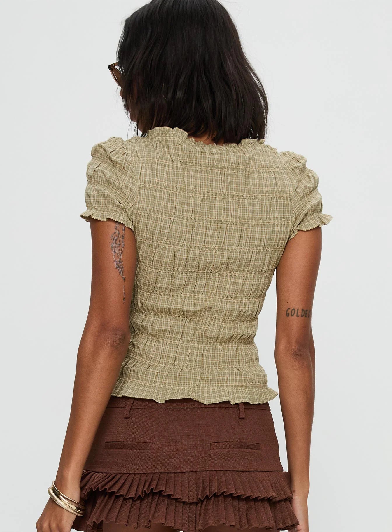 Romelle Shirred Top Green Brown Plaid