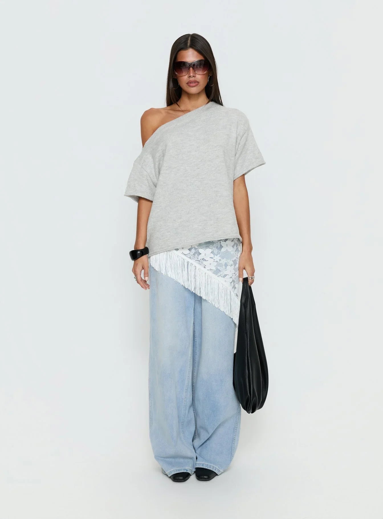 Kourta Off Shoulder Oversized Knit Top Grey Marle