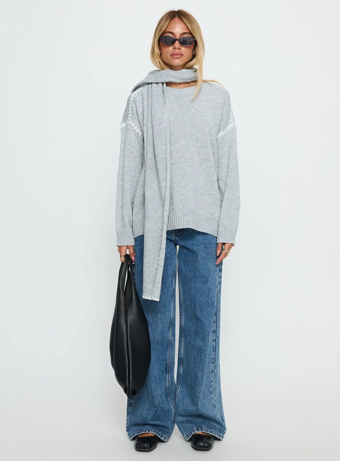 Keriana Contrast Stitch Knit Sweater Grey White