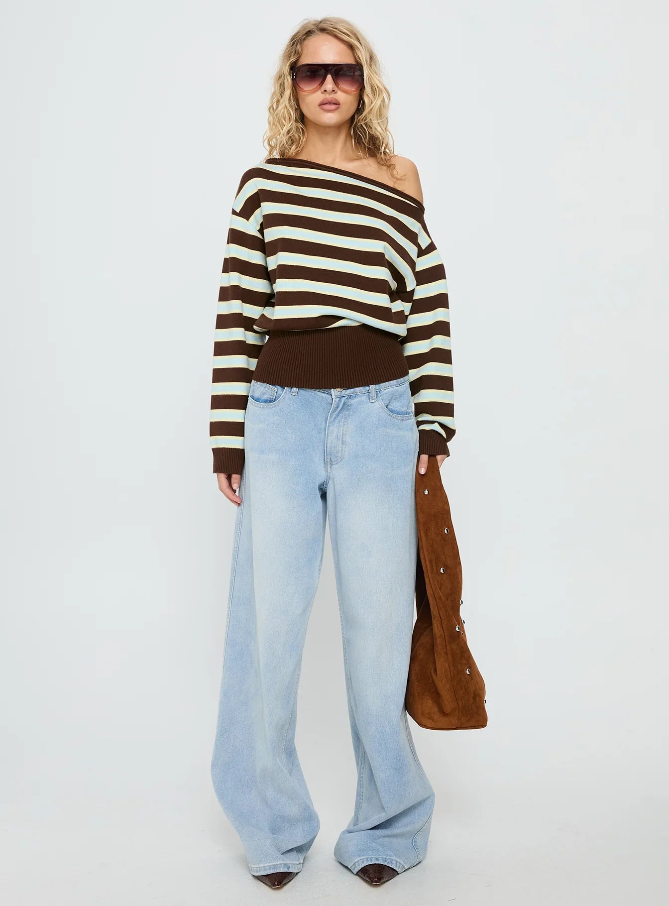 Zinia Off Shoulder Knit Sweater Brown Blue Stripe