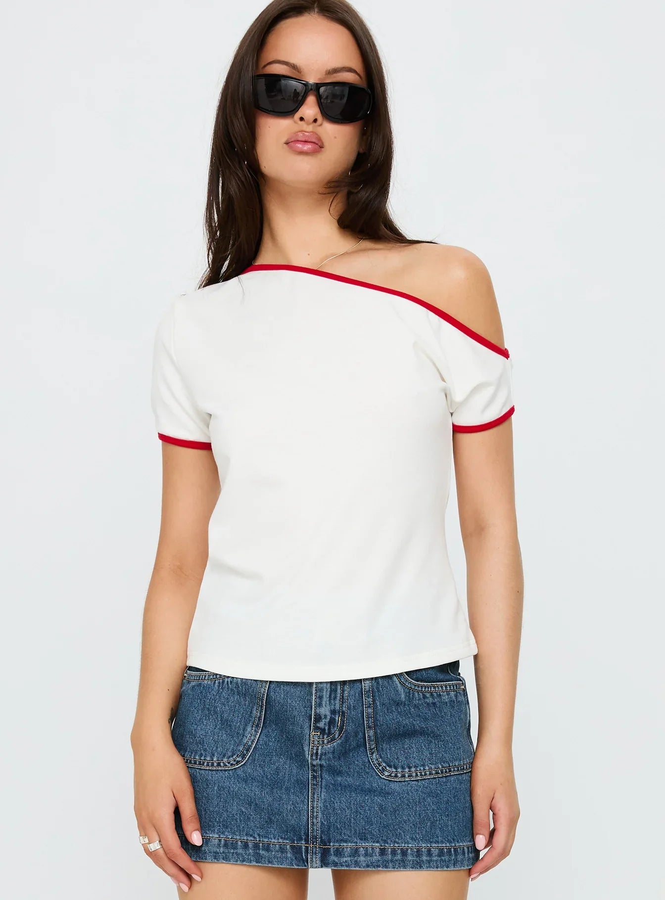 Kelsa Off Shoulder Contrast Trim Top White Red