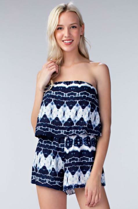 Seaside Navy Tie Dye Strapless Romper