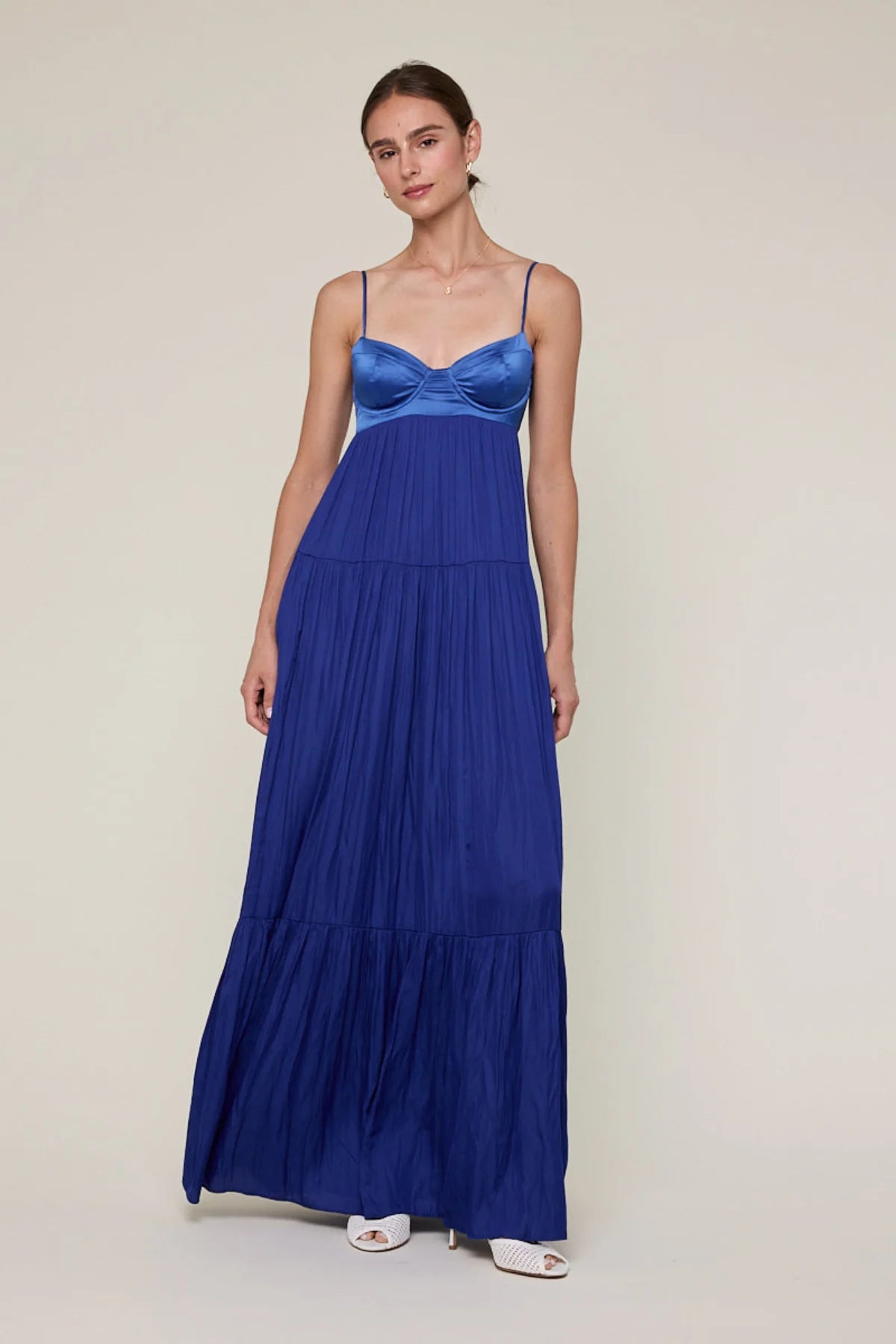 Blaire Blue Satin Tiered Maxi Dress