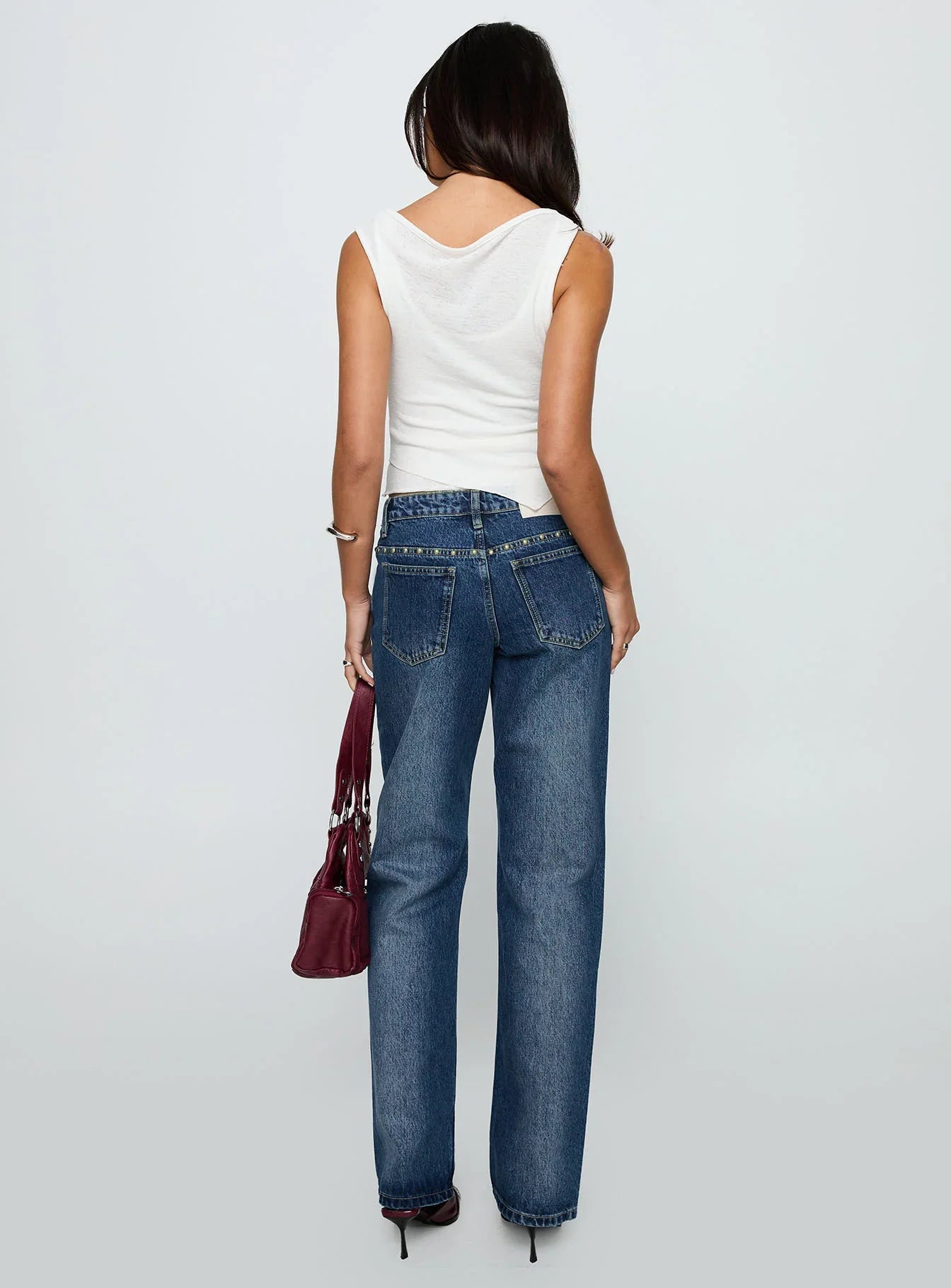 So Dazzling Studded Low Rise Straight Leg Jeans Dark Wash