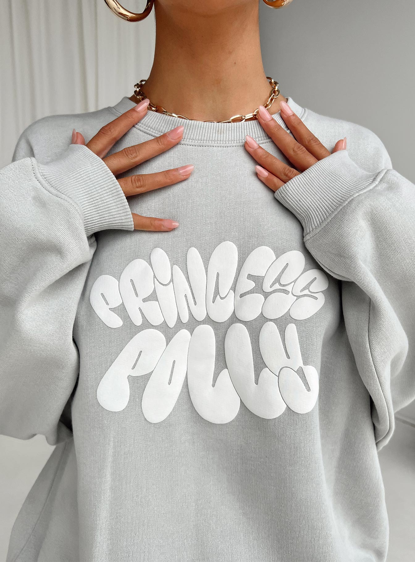 Princess Polly Crew Neck Sweatshirt Bubble Text Grey Cloud White
