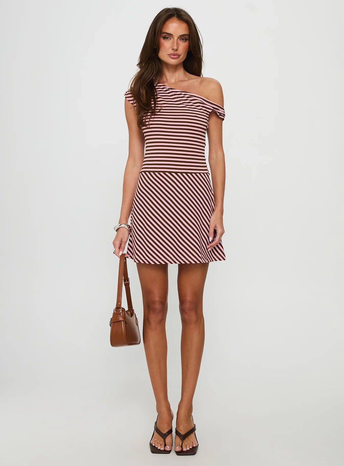 My Fun Off Shoulder Jersey Mini Dress Pink Brown Stripe