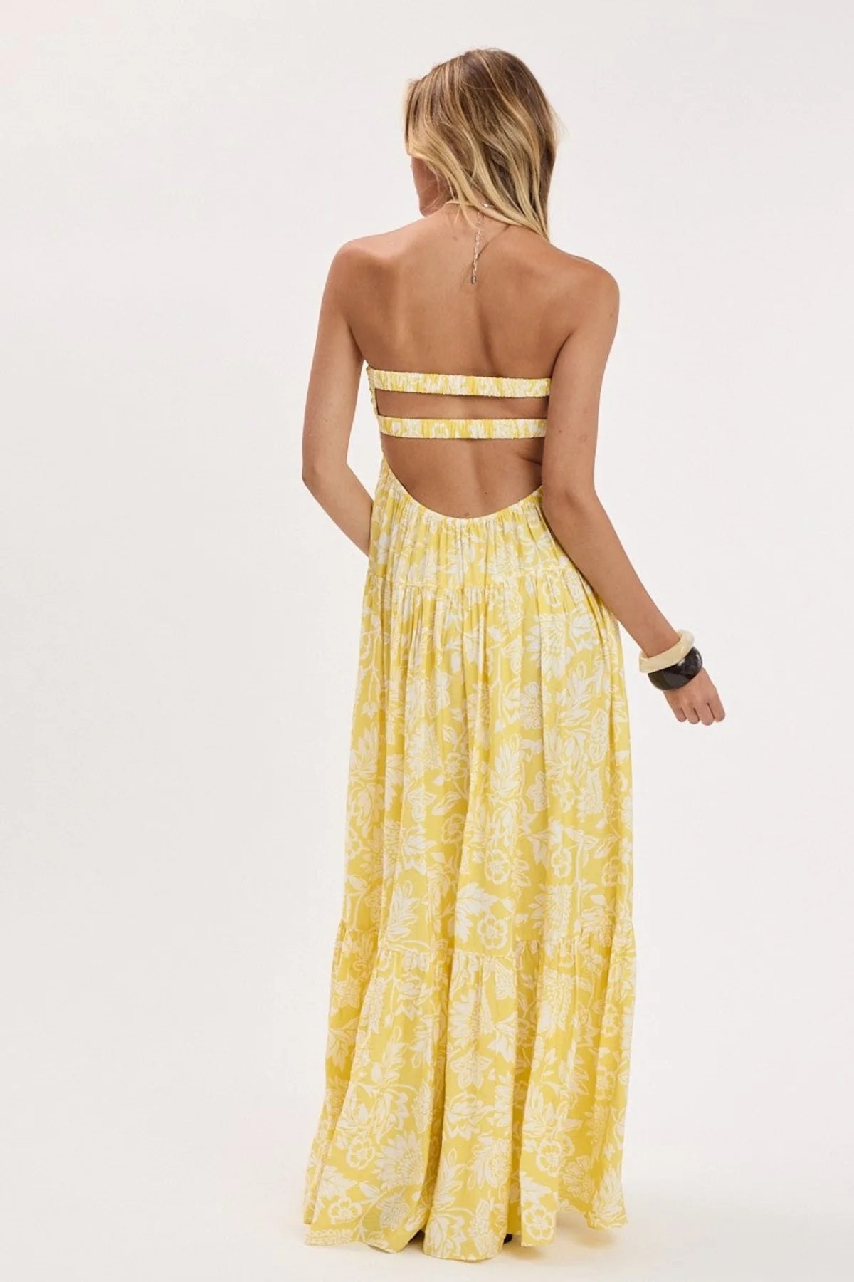 Brisa Yellow Tropical Floral Strapless Maxi Dress