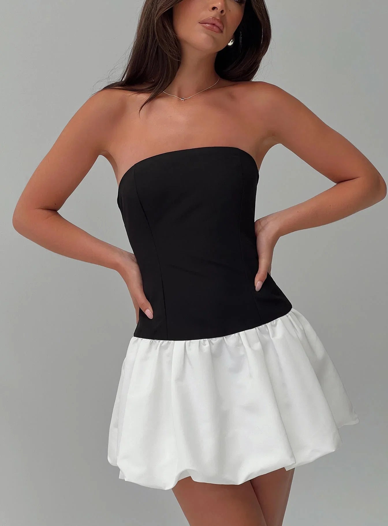 Delicacies Bubble Hem Mini Dress Black White