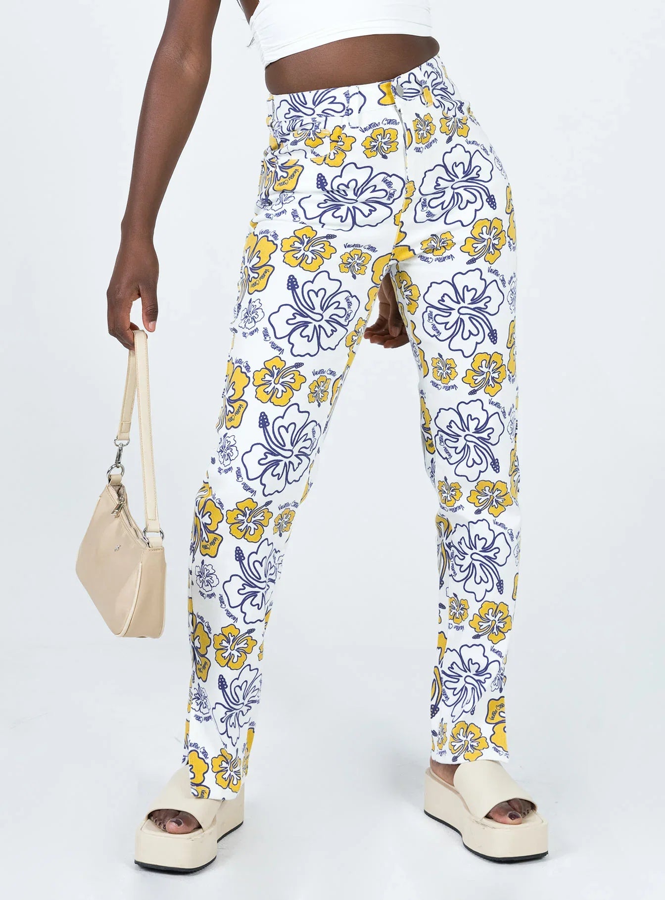 Tropical Dreams High Rise Straight Leg Denim Jeans Off White