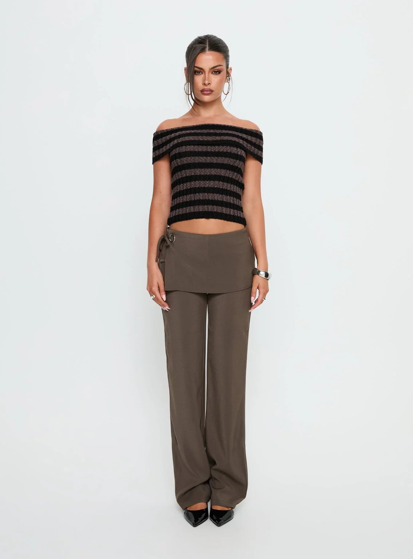 Murmur Off Shoulder Top Brown Black Stripe