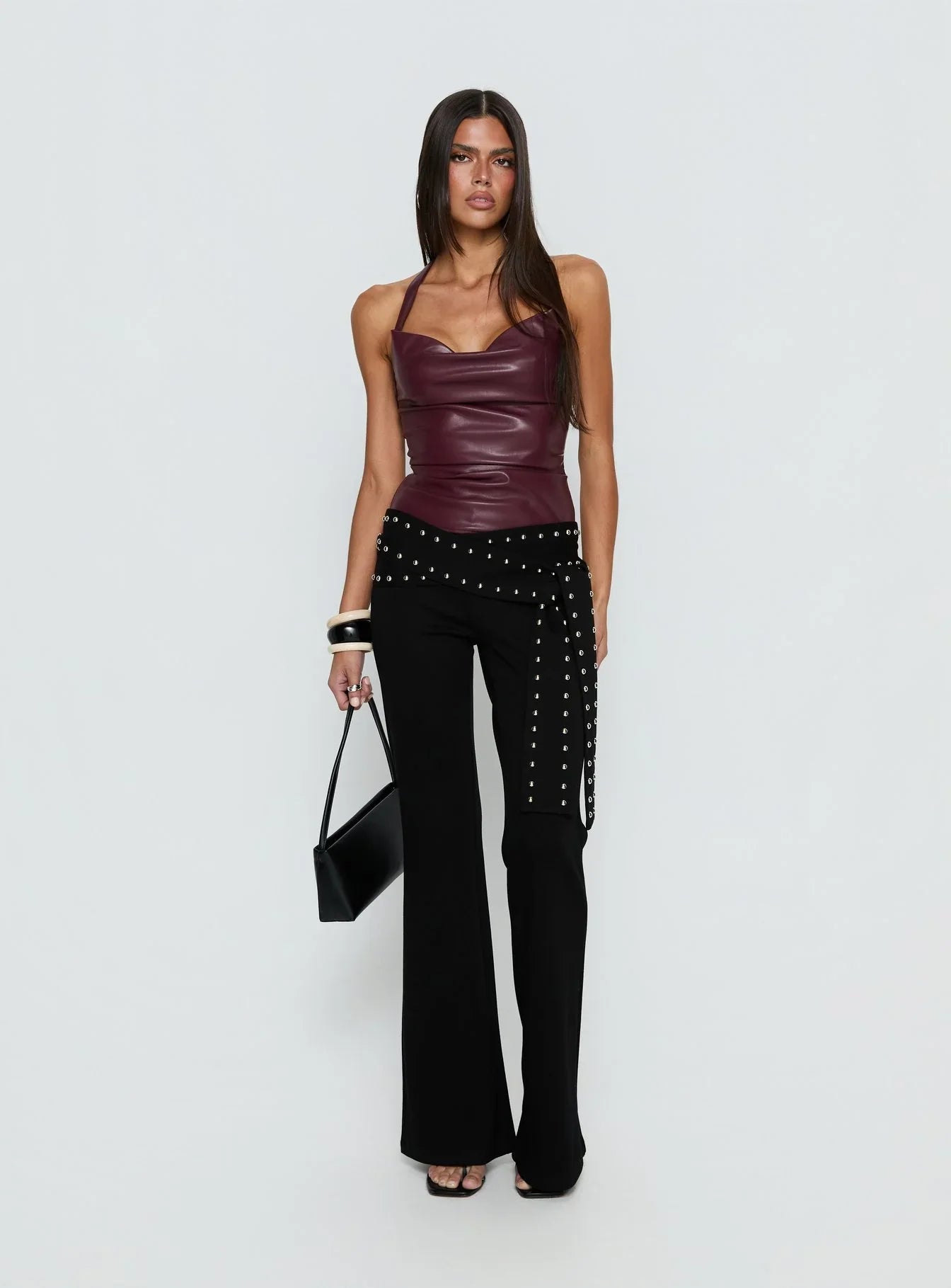 Thunderbolt Faux Leather Cowl Neck Top Plum