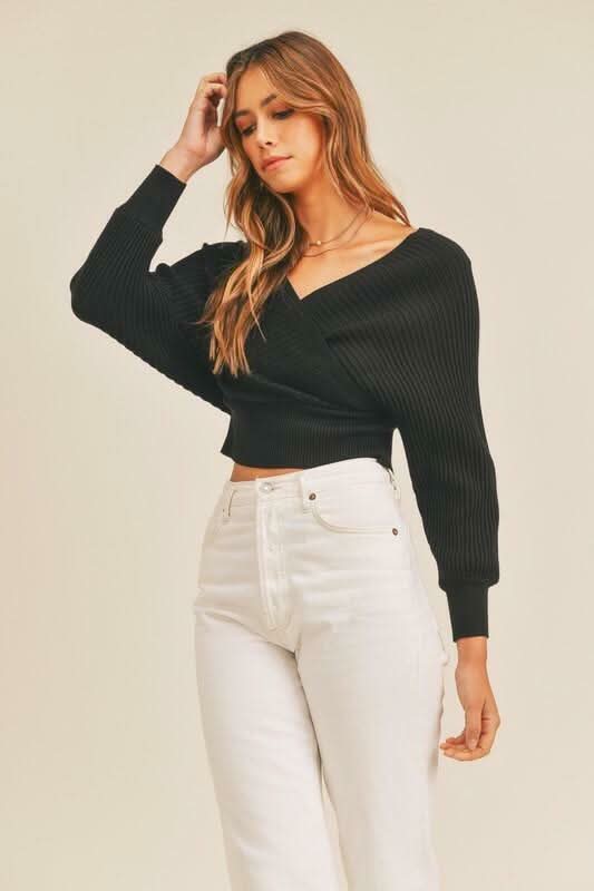 Natasha Black Ribbed Surplice Cropped Sweater