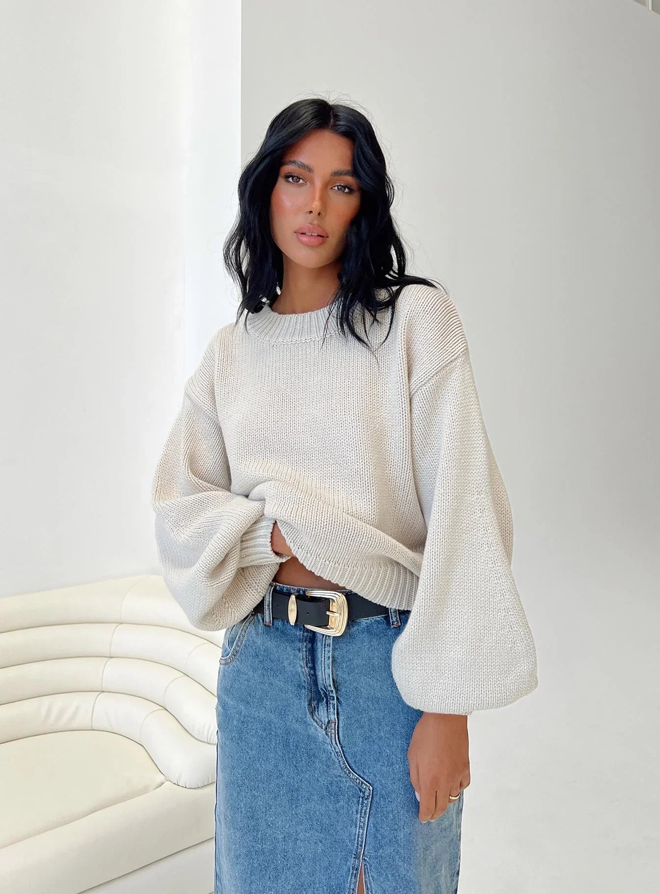 Harmony Balloon Sleeve Knit Sweater Beige