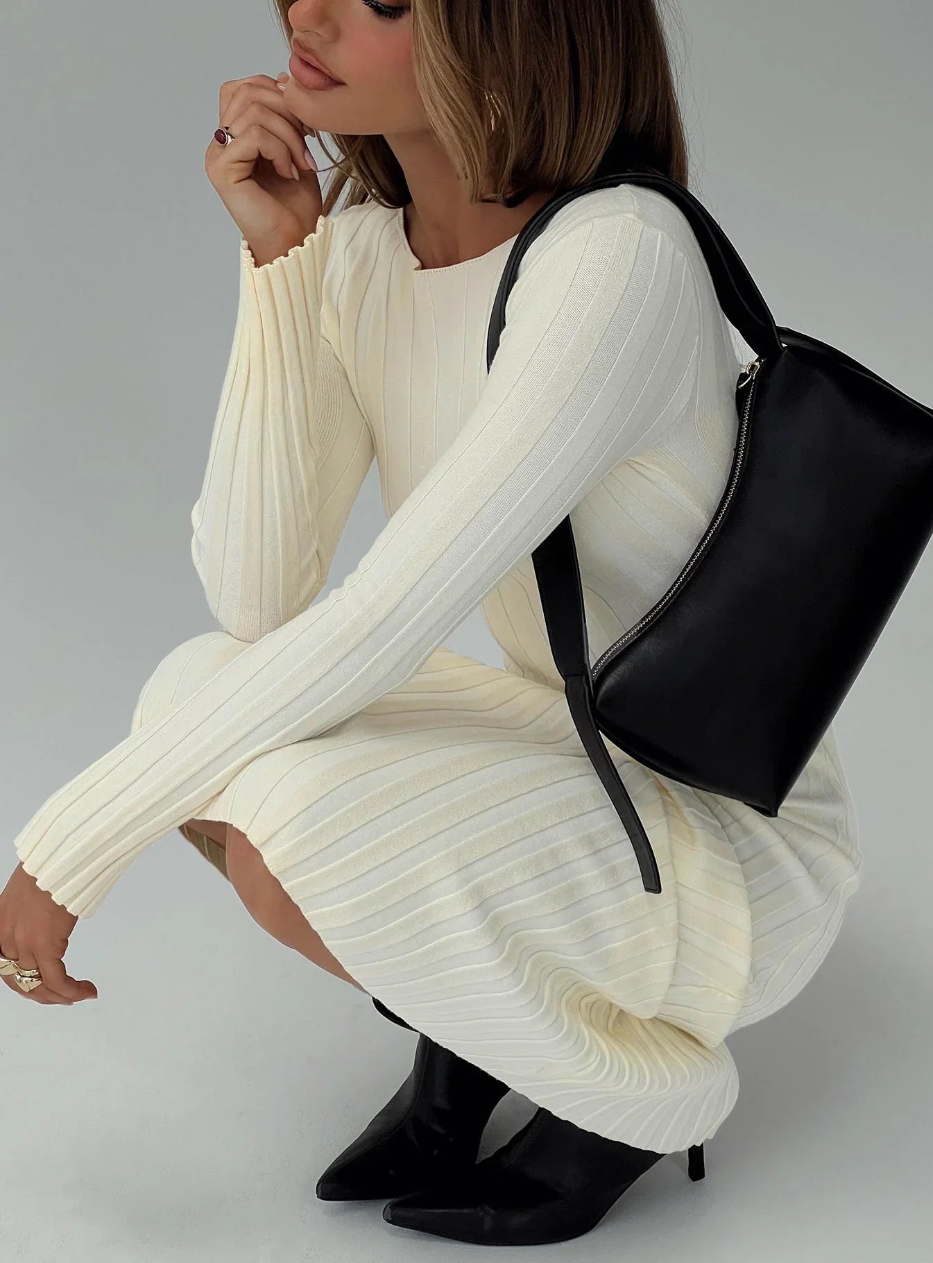 Ryo Long Sleeve Rib Maxi Dress Cream