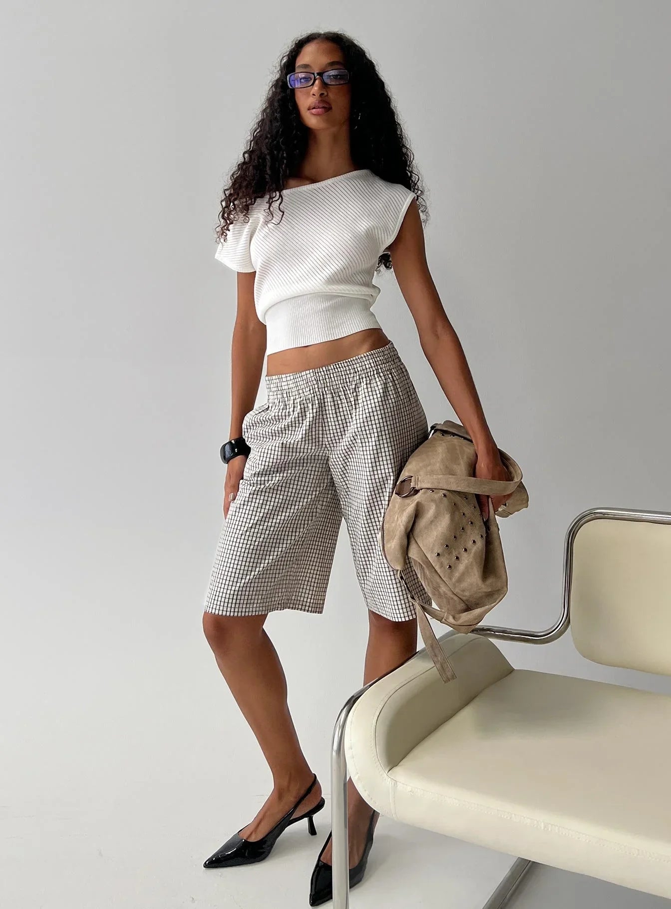 Sevigney Long Elasticated Shorts Cream Check