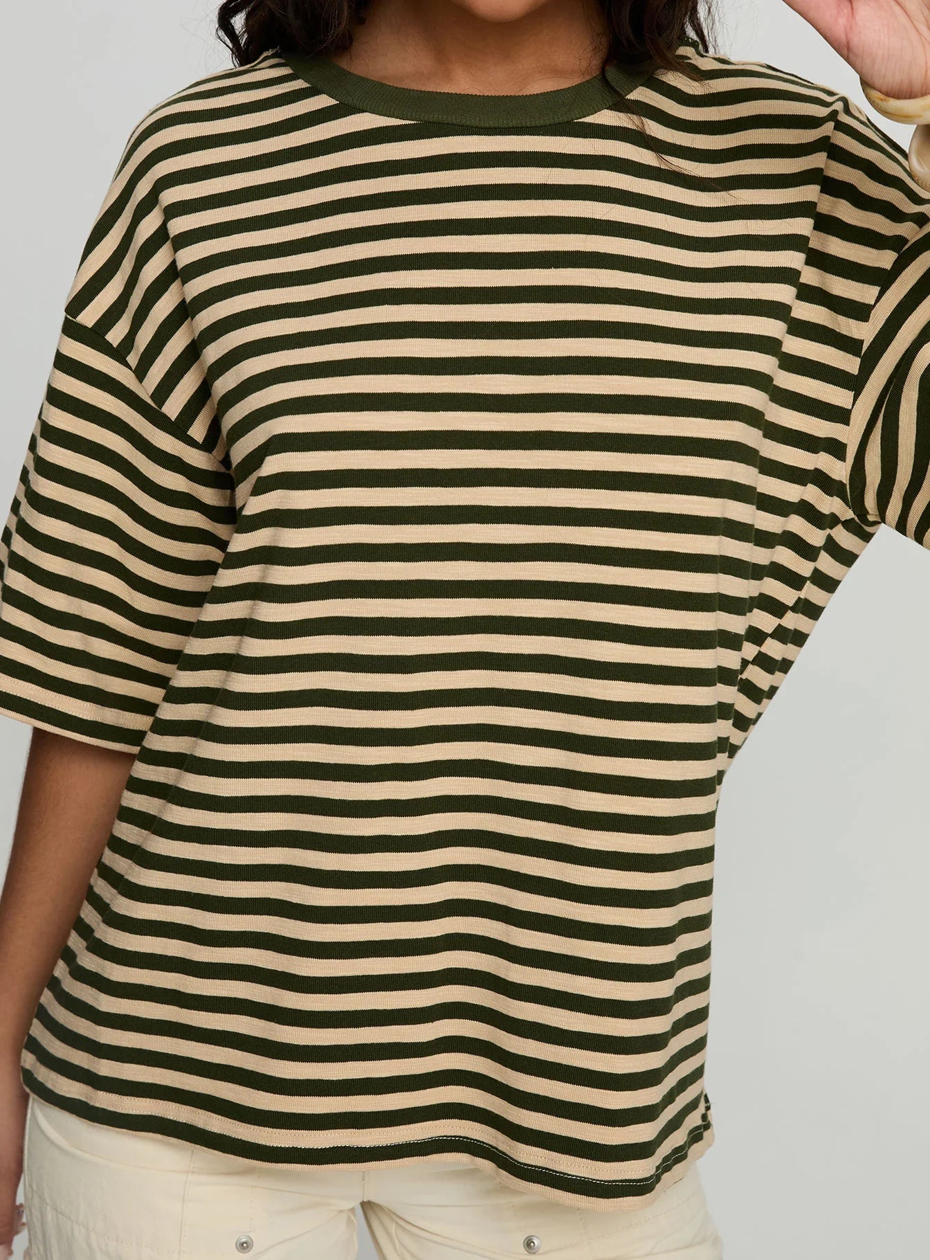 Settle Down Short Sleeve Top Green Cream Stripe