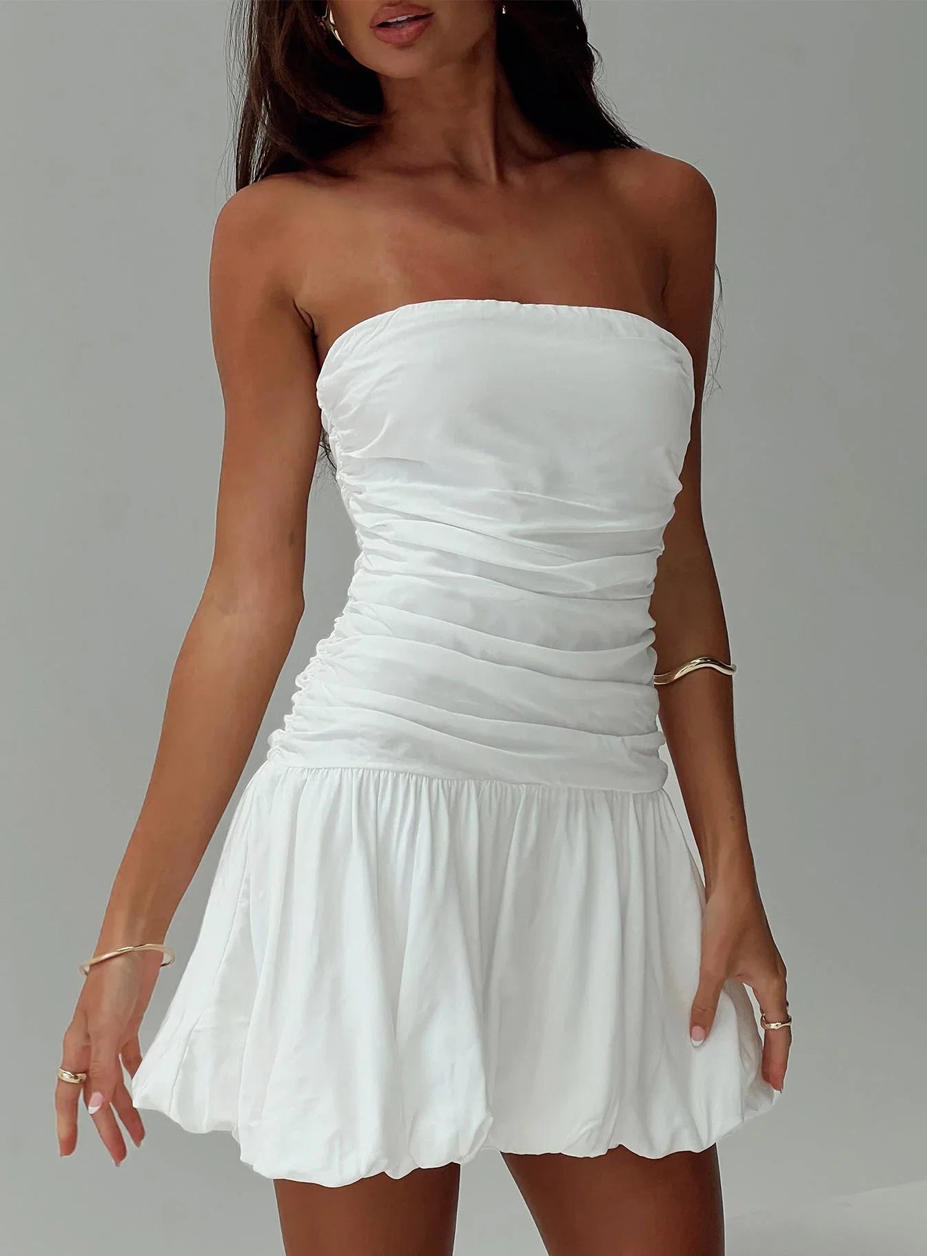 Glamour Girl Strapless Bubble Hem Mini Dress White Petite