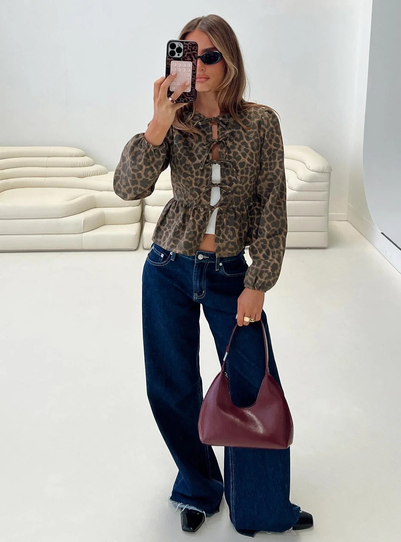 Recognize Tie Detail Long Sleeve Top Leopard