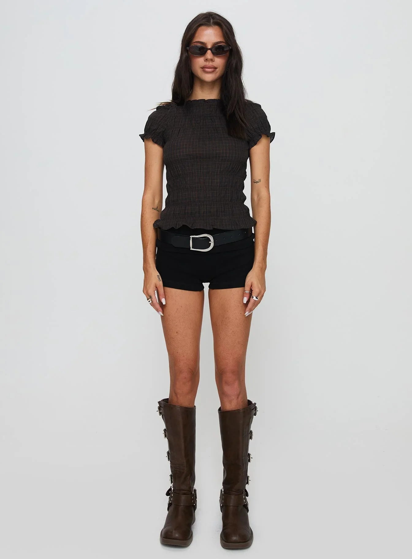 Romelle Shirred Top Black / Brown Plaid Petite