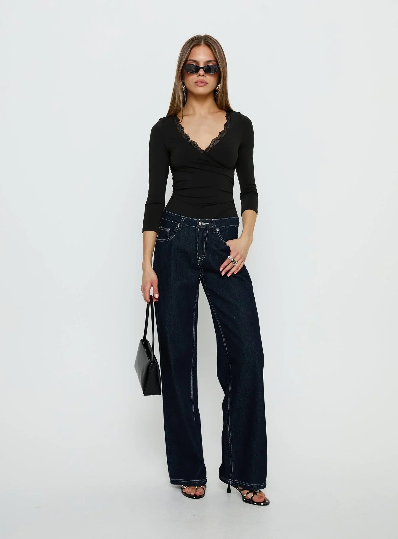 Lyselle Wrap Detail 3 4 Sleeve Bodysuit Black