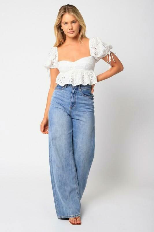 Sweet Blooms White Eyelet Short Sleeve Babydoll Crop Top