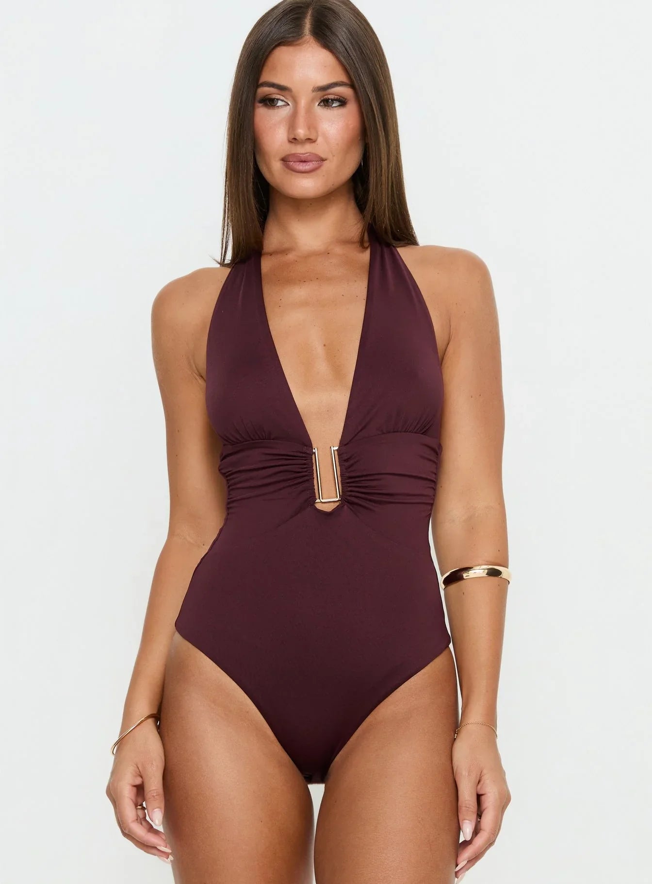 Leave Me Alone Plunge Halter Bodysuit Burgundy