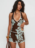 Anyah Halter Wrap Top Brown Blue