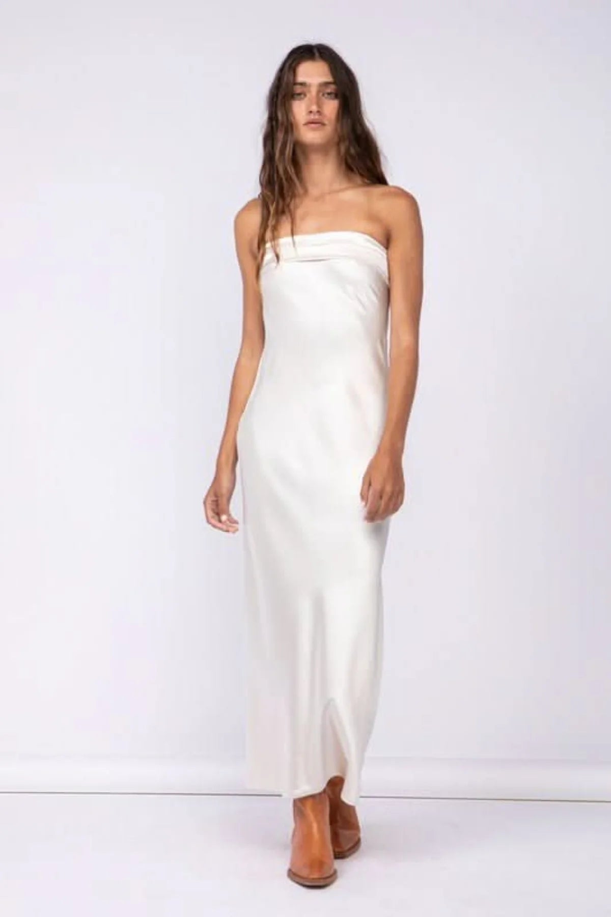 Irene Cream Satin Strapless Maxi Dress