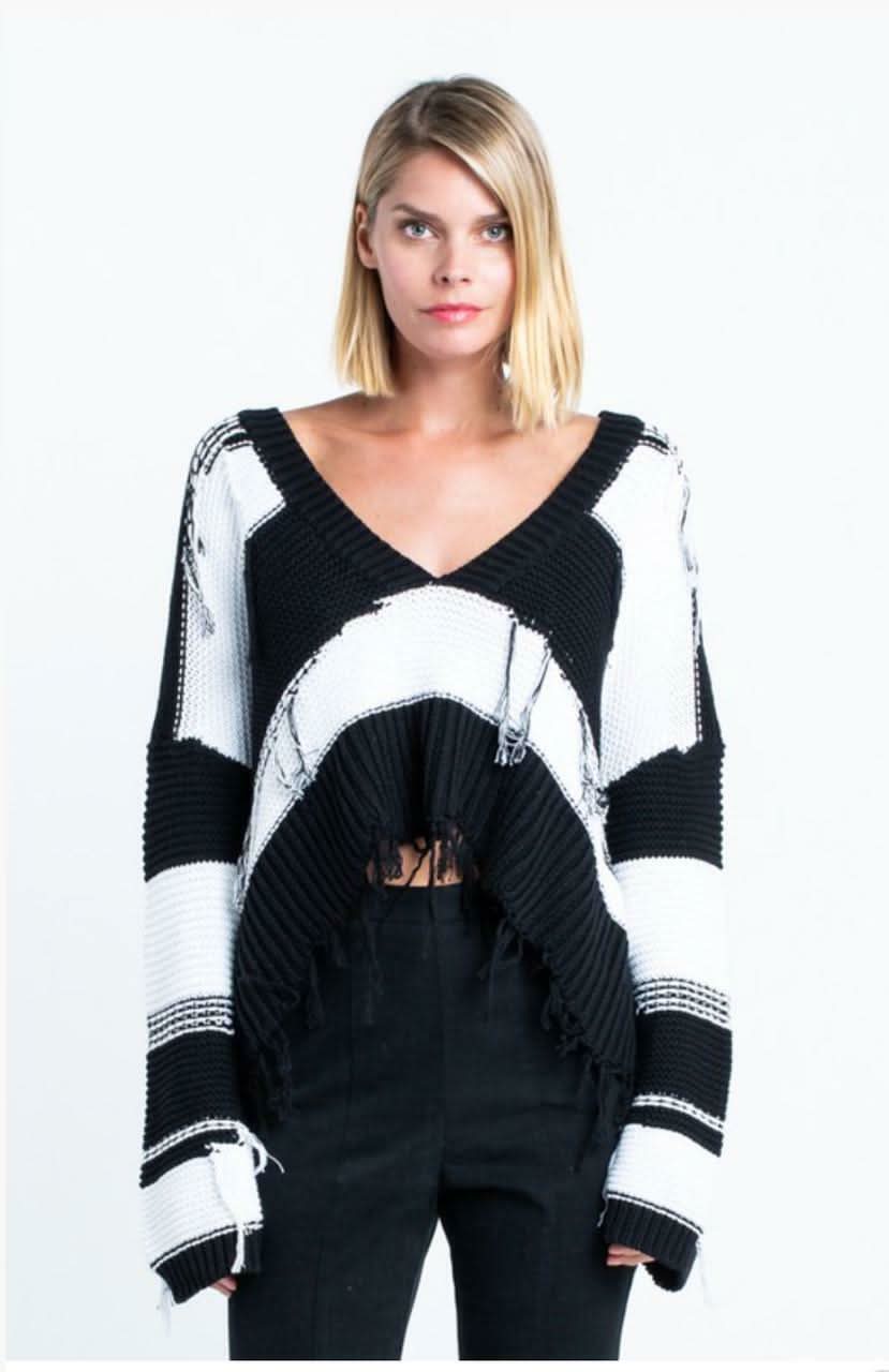 Kara Black and White Striped Fringe Ripped Sweater